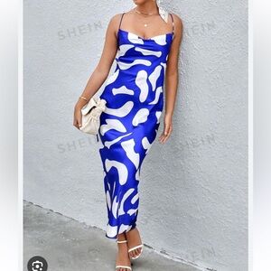 SHEIN Privé Allover Print Draped Collar Cami BLUE/WHITE Dress - Small!